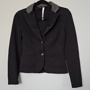 Kensie Preppy Black Sweater Knit Blazer with Gray Collar and Elbow Patches XS